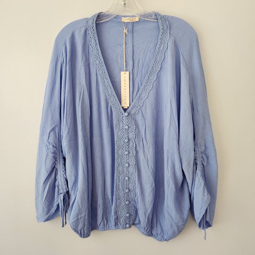 Lovestitch Gauzy Top Women L Blue Crinkle Ruched Sleeve Coastal Boho Chic Cruise